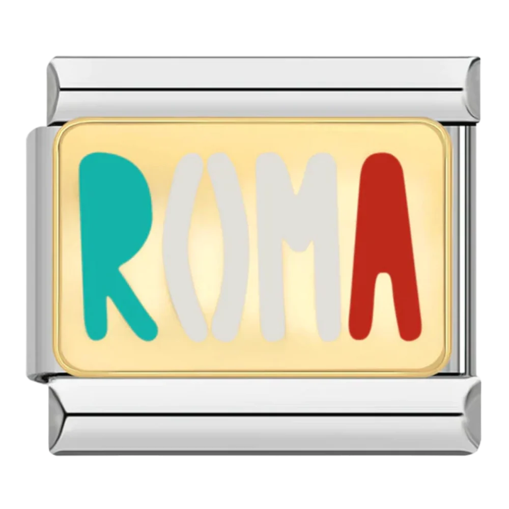 ROMA lettering in green, white and red on a gold-tone panel with silver-tone edges.