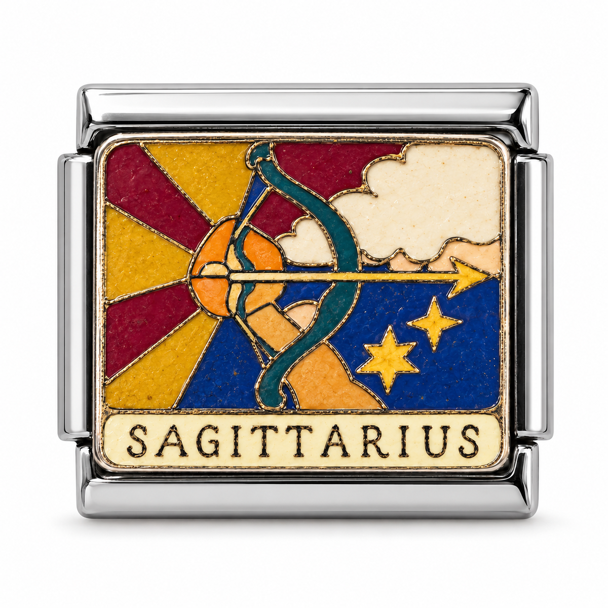Sagittarius illustrated zodiac charm on a silver-tone link, white background