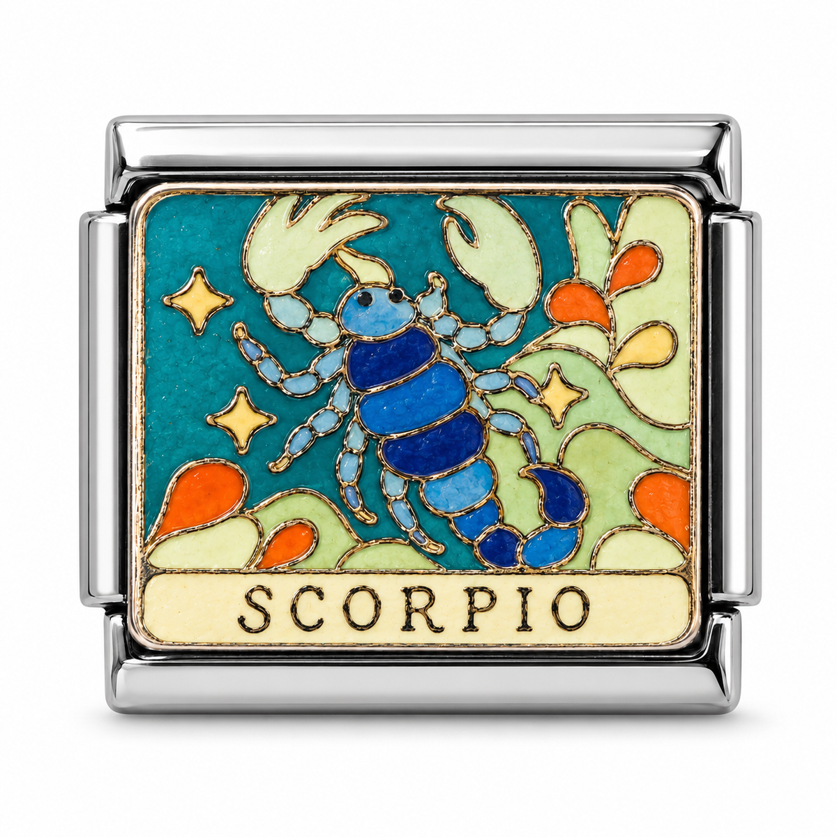 Scorpio illustrated zodiac charm on a silver-tone link, white background