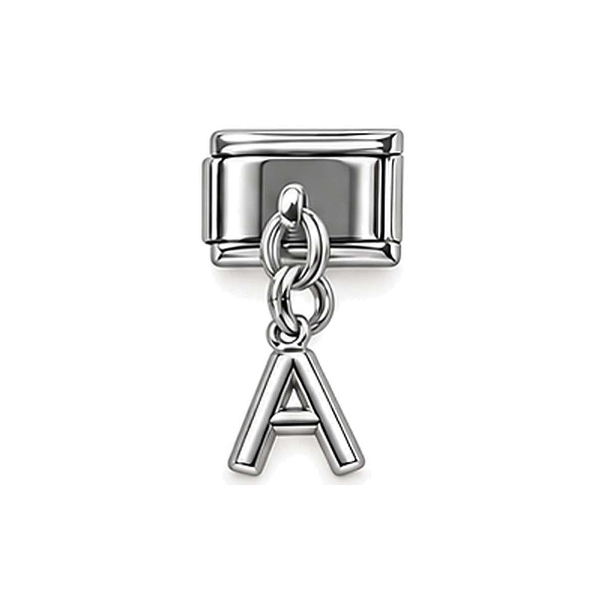 Silver letter A dangle charm on white background