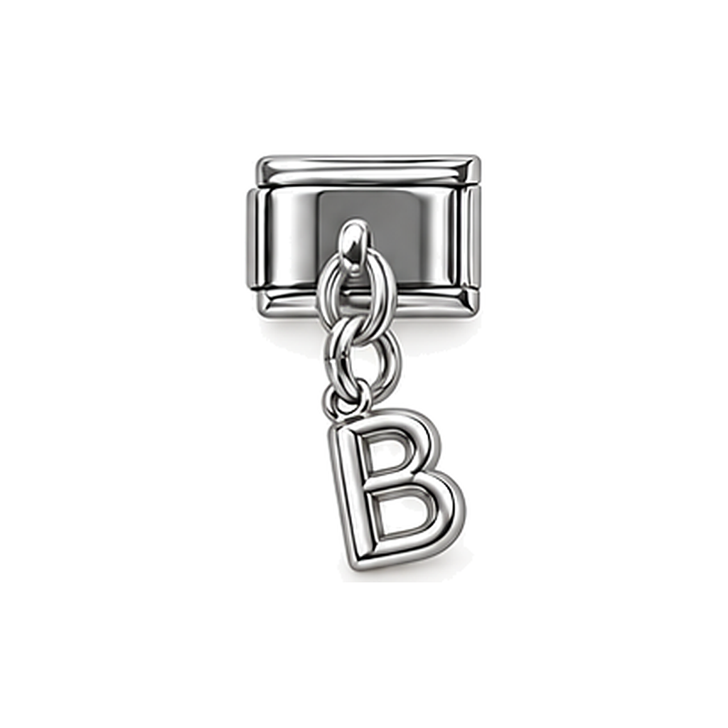 Silver letter B dangle charm on white background
