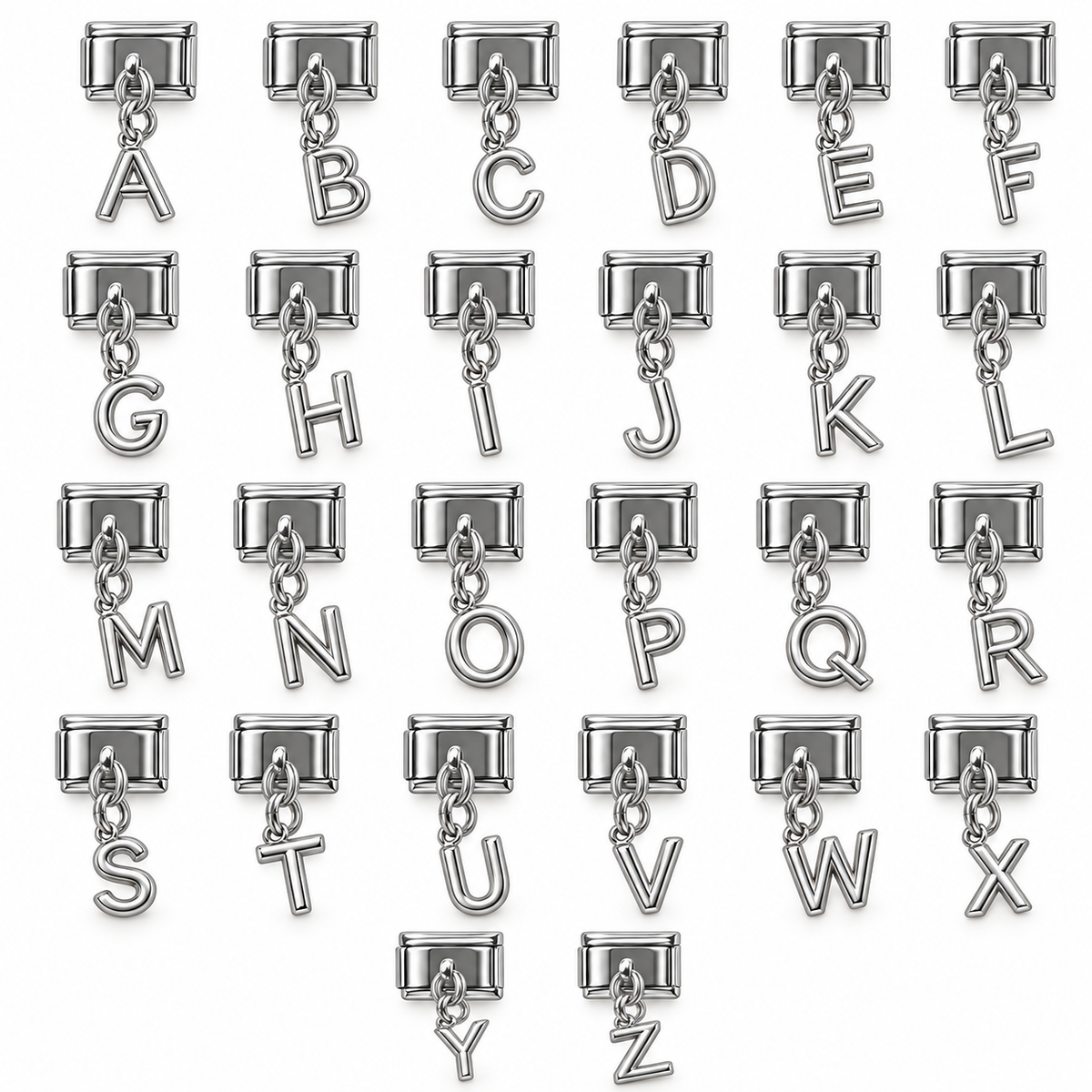 Silver letter dangle charms A-Z on white background