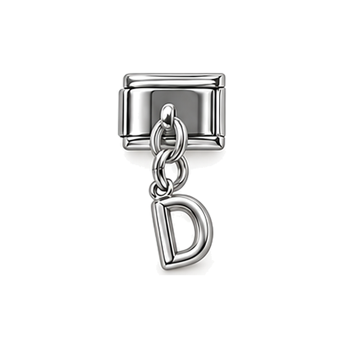 Silver letter D dangle charm on white background