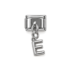 Silver letter E dangle charm on white background