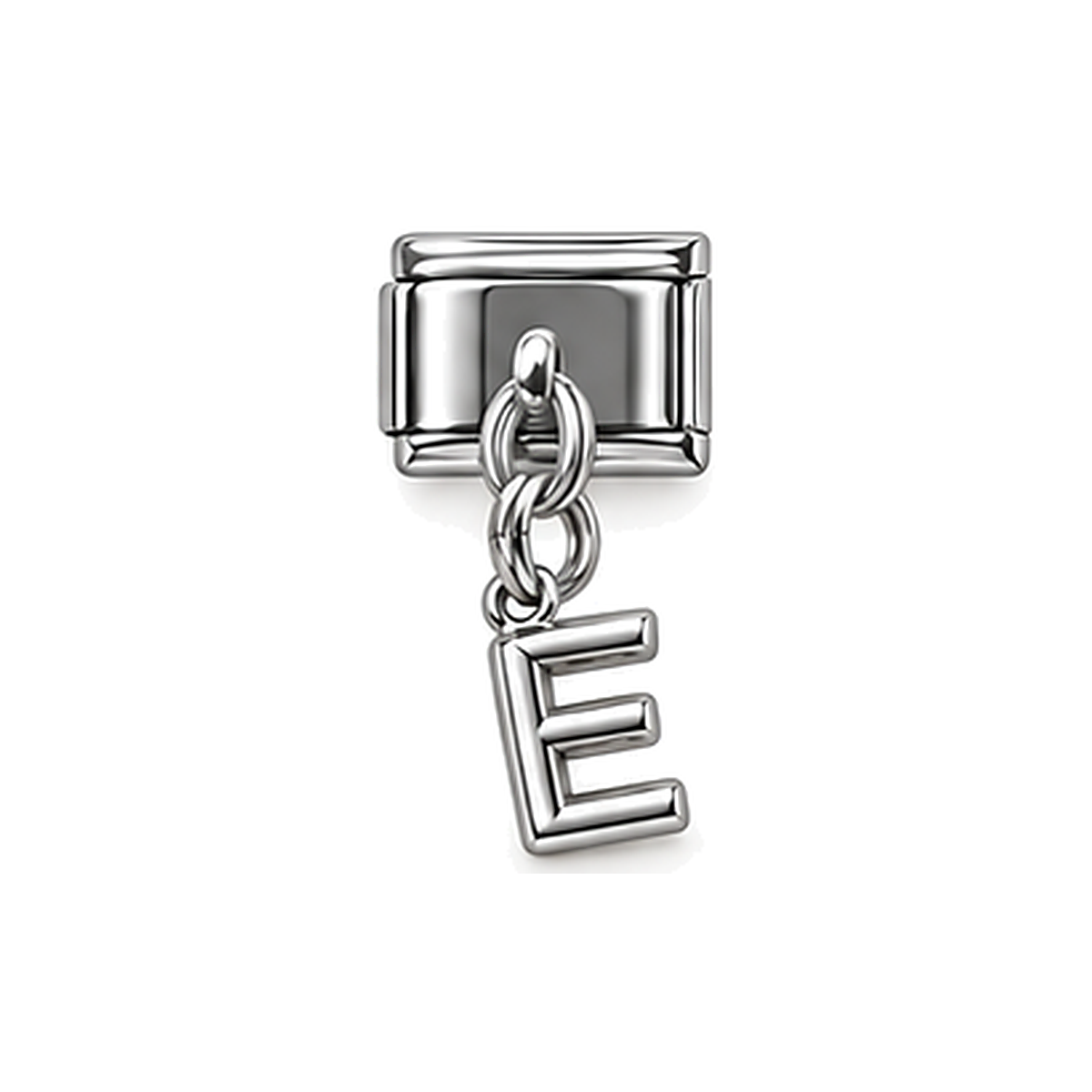 Silver letter E dangle charm on white background
