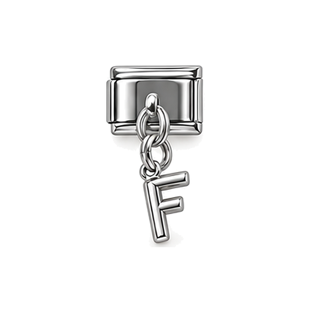 Silver letter F dangle charm on white background