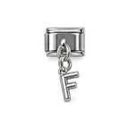 Silver letter F dangle charm on white background