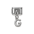 Silver letter G dangle charm on white background