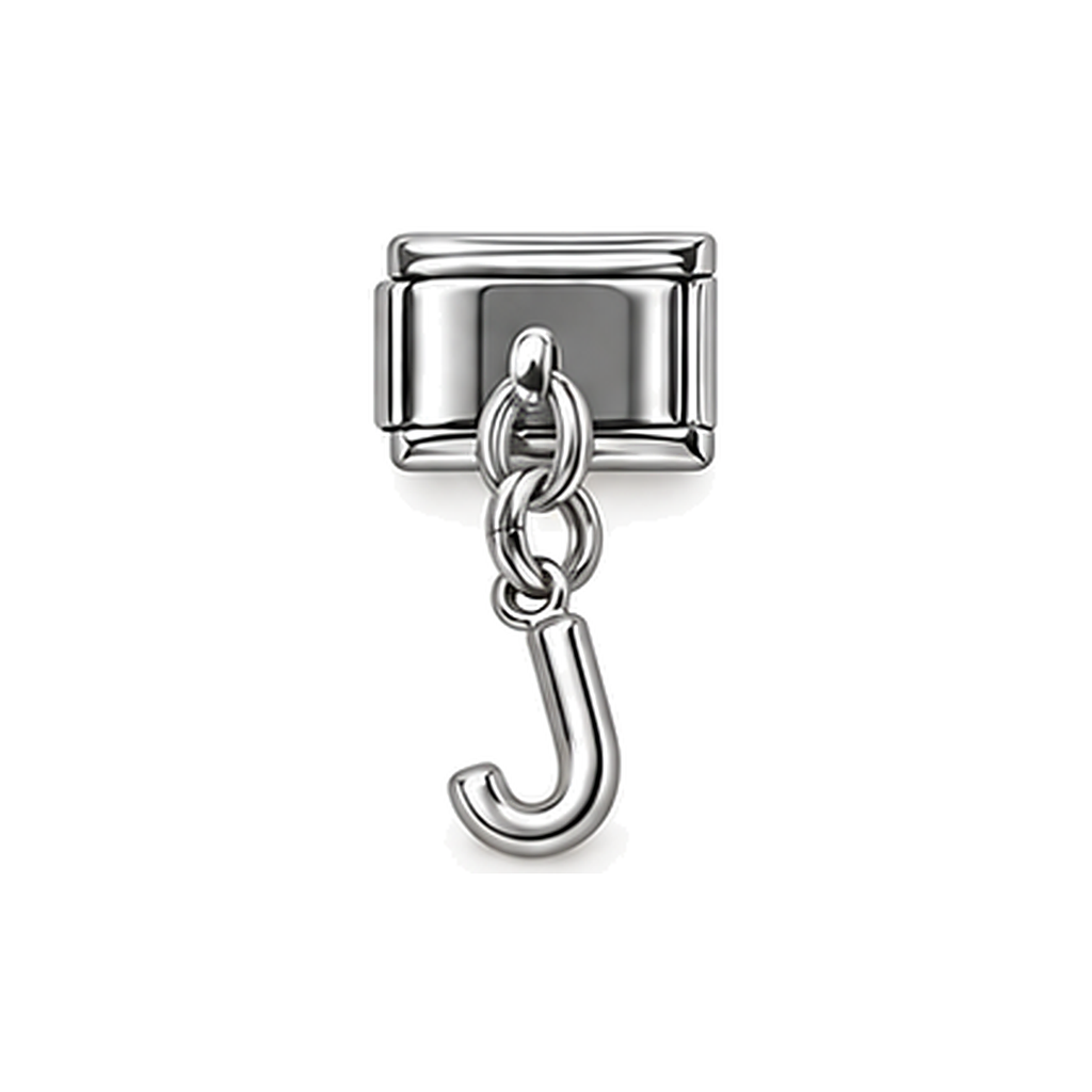 Silver letter J dangle charm on white background
