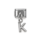 Silver letter K dangle charm on white background