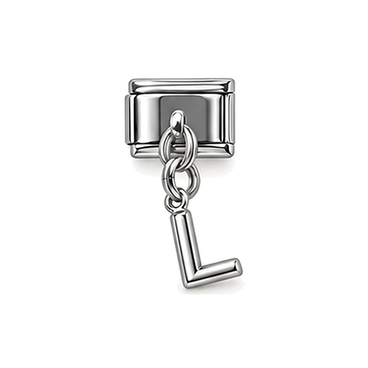 Silver letter L dangle charm on white background