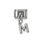 Silver letter M dangle charm on white background