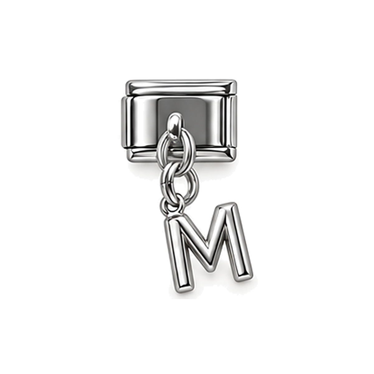 Silver letter M dangle charm on white background