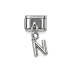 Silver letter N dangle charm on white background