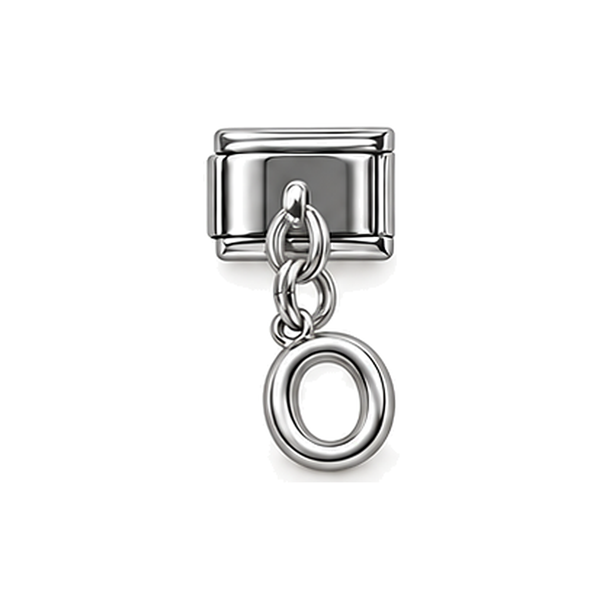 Silver letter O dangle charm on white background