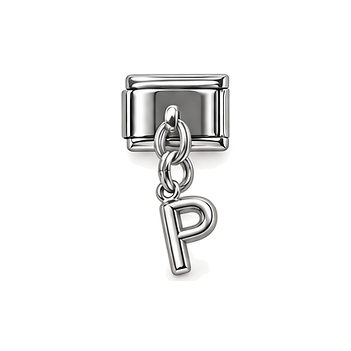 Silver letter P dangle charm on white background