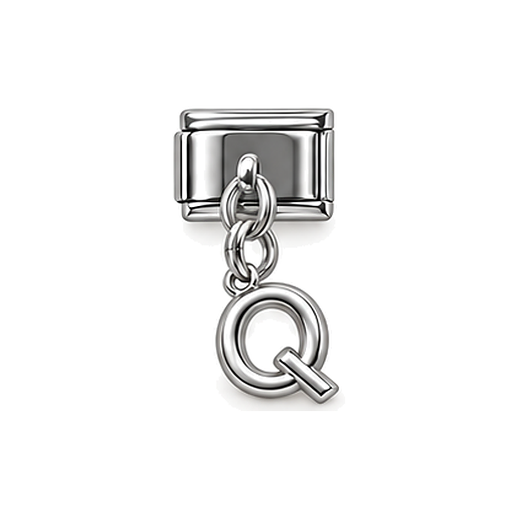 Silver letter Q dangle charm on white background