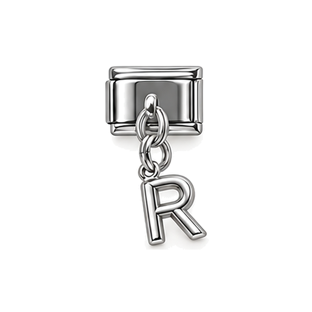 Silver letter R dangle charm on white background