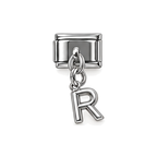Silver letter R dangle charm on white background