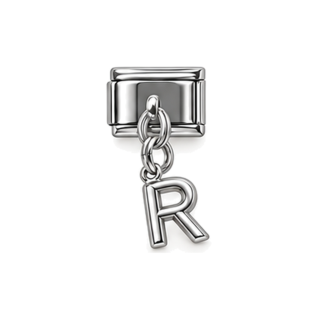 Silver letter R dangle charm on white background