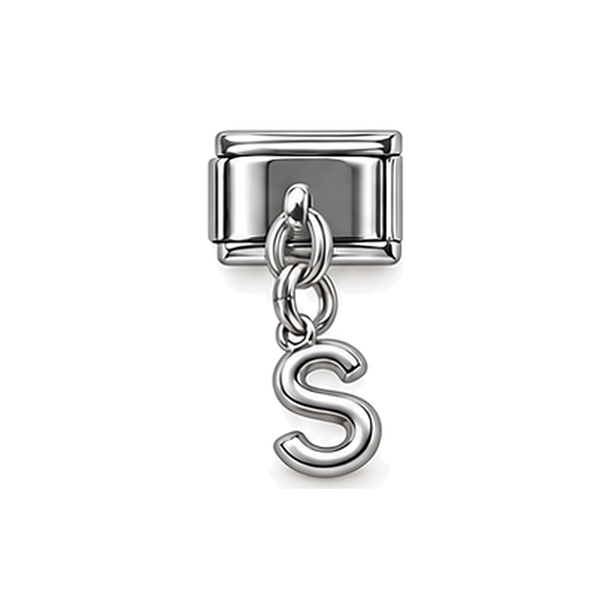 Silver letter S dangle charm on white background