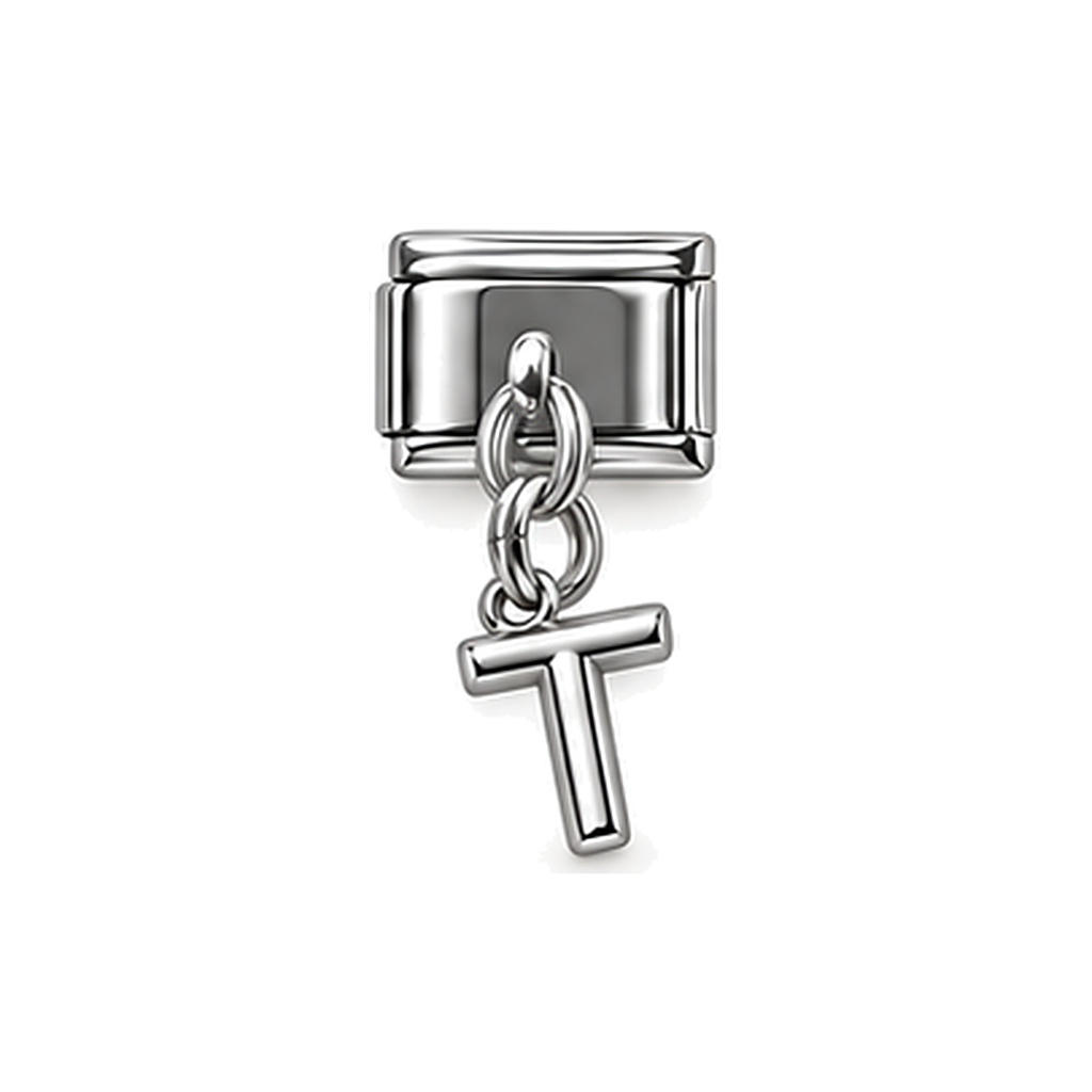 Silver letter T dangle charm on white background