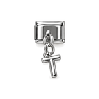 Silver letter T dangle charm on white background