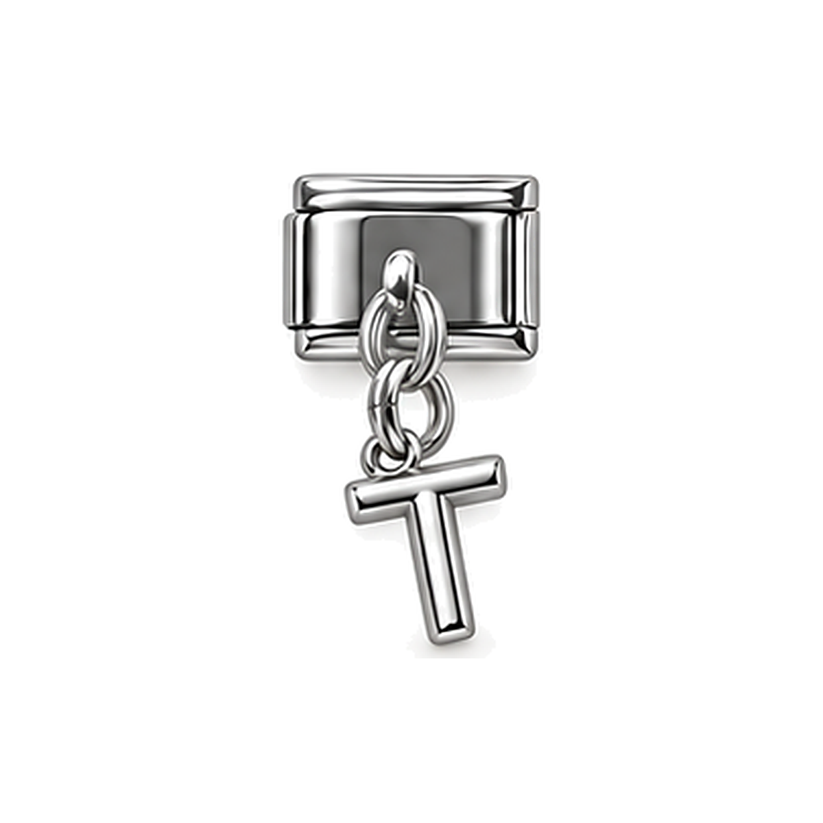 Silver letter T dangle charm on white background