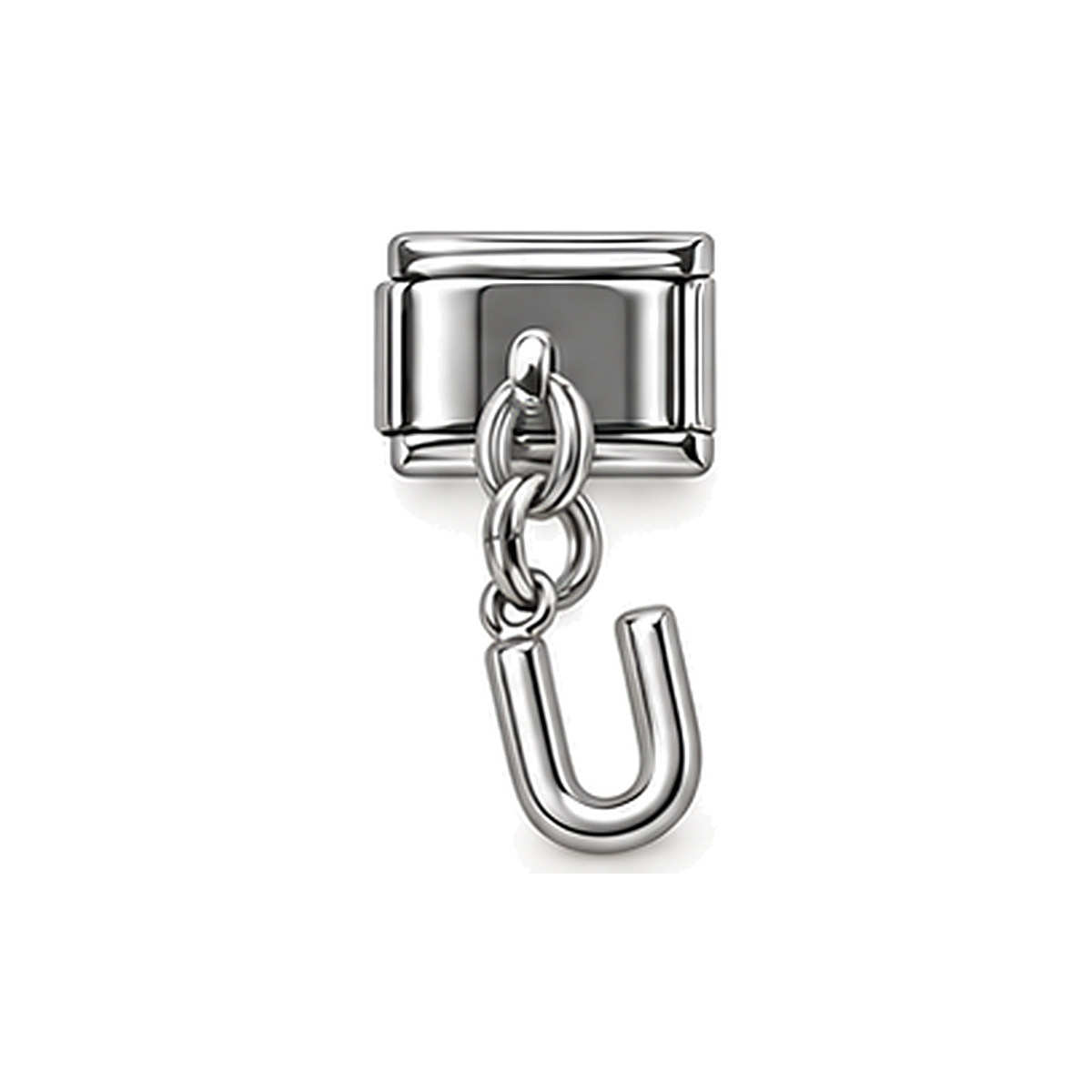 Silver letter U dangle charm on white background