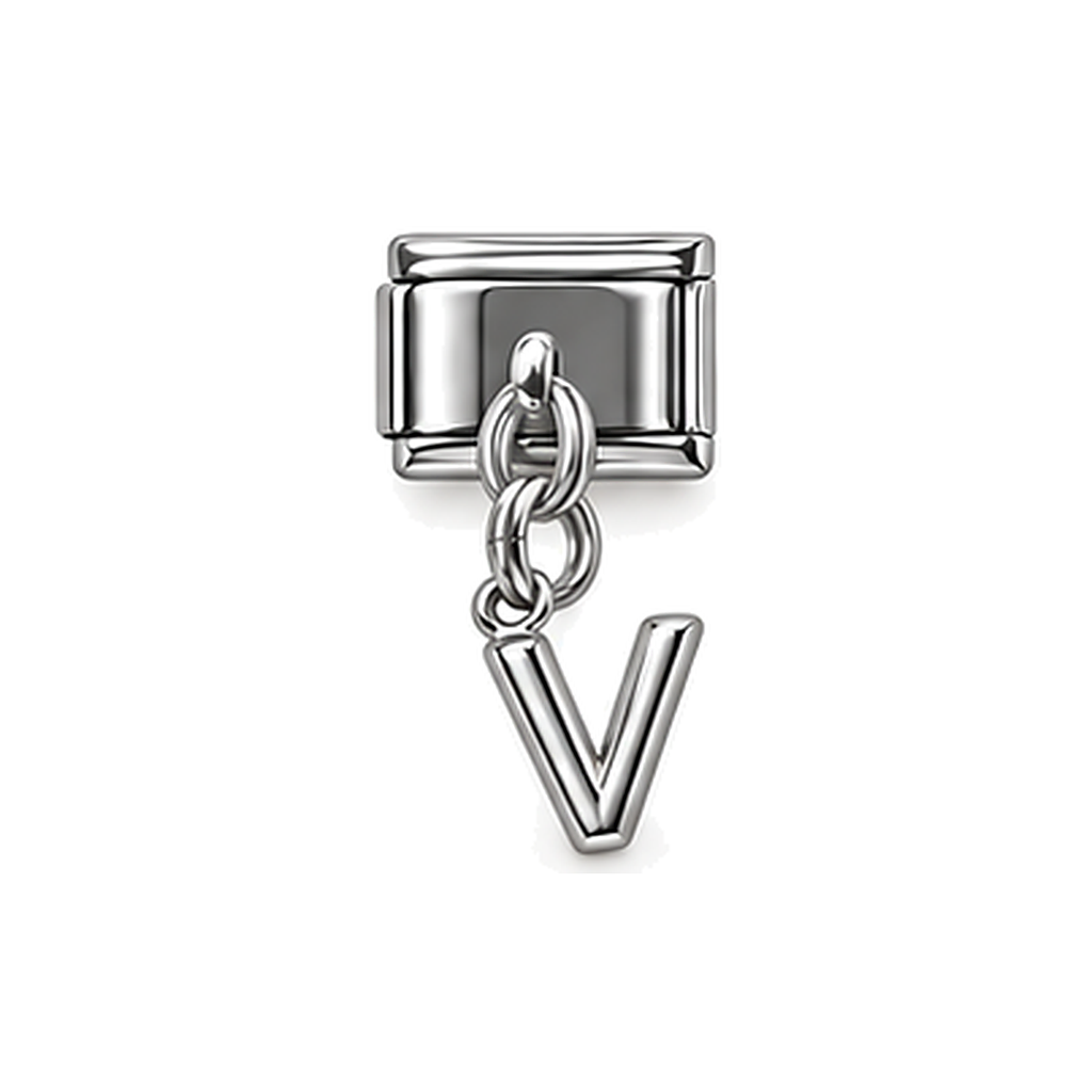 Silver letter V dangle charm on white background