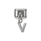 Silver letter V dangle charm on white background