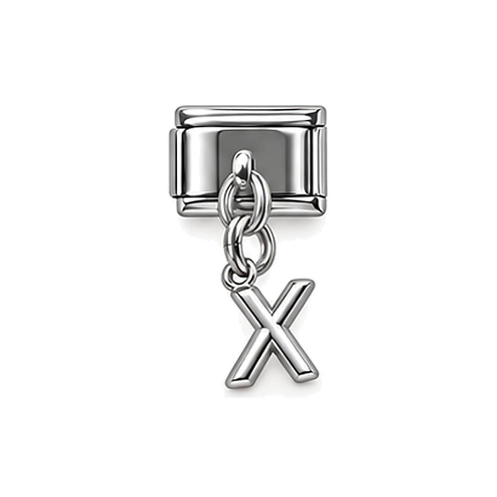 Silver letter X dangle charm on white background