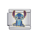 A sitting blue Stitch design on a silver-tone link. White background.
