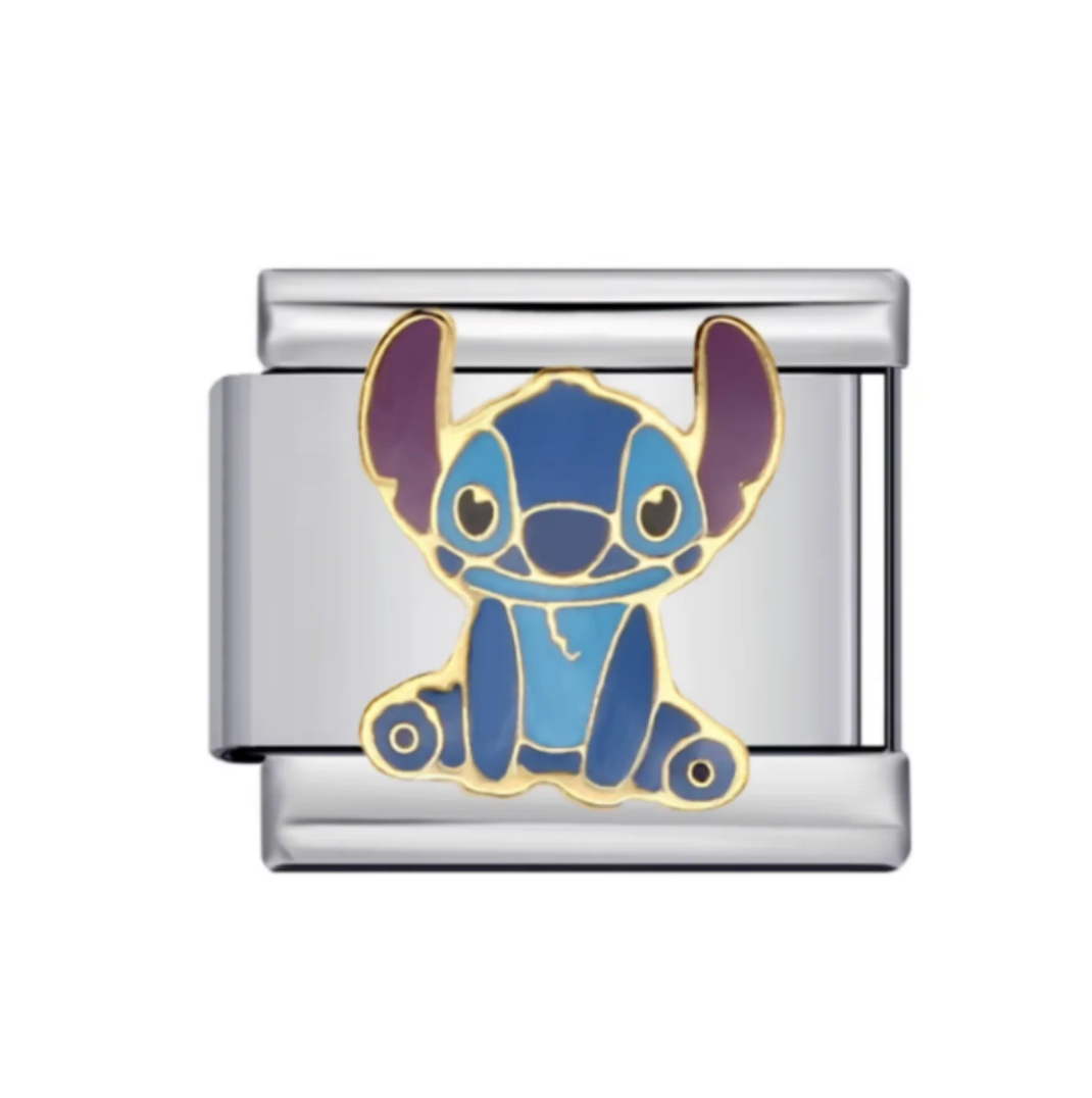 A sitting blue Stitch design on a silver-tone link. White background.