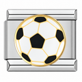 A black-and-white soccer ball with a gold-tone outline on a silver-tone link. White background.
