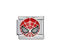 A red Spider-Man mask design on a silver-tone link. White background.