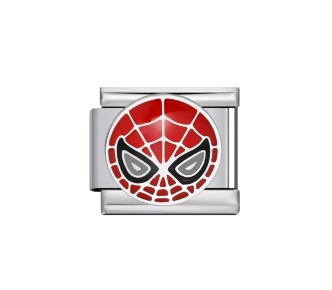 A red Spider-Man mask design on a silver-tone link. White background.
