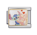 Stitch and Angel together with heart details on a silver-tone link. White background.