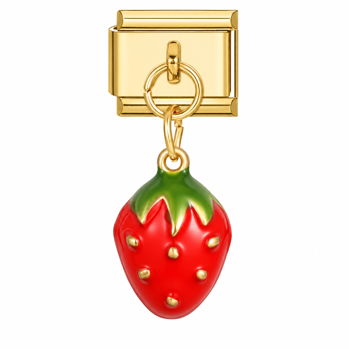 A glossy red strawberry with a green leafy top and gold-tone details, hanging from a gold-tone modular link. White background.