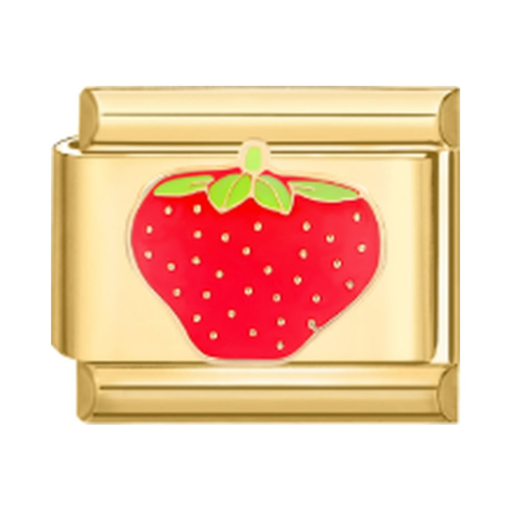 A red strawberry with green leaf detail on a gold-tone Italian charm link.