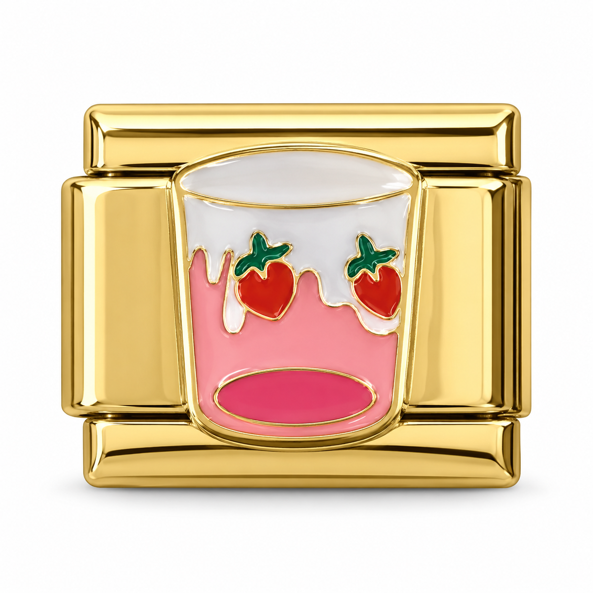 Strawberry Milk on a gold-tone Italian charm link, white background