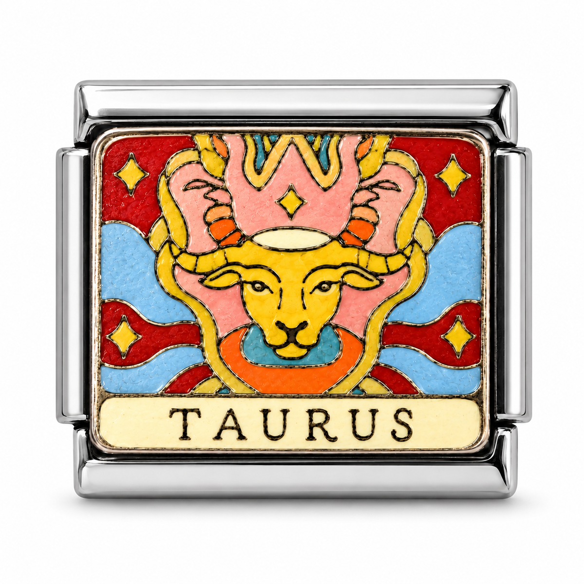 Taurus illustrated zodiac charm on a silver-tone link, white background