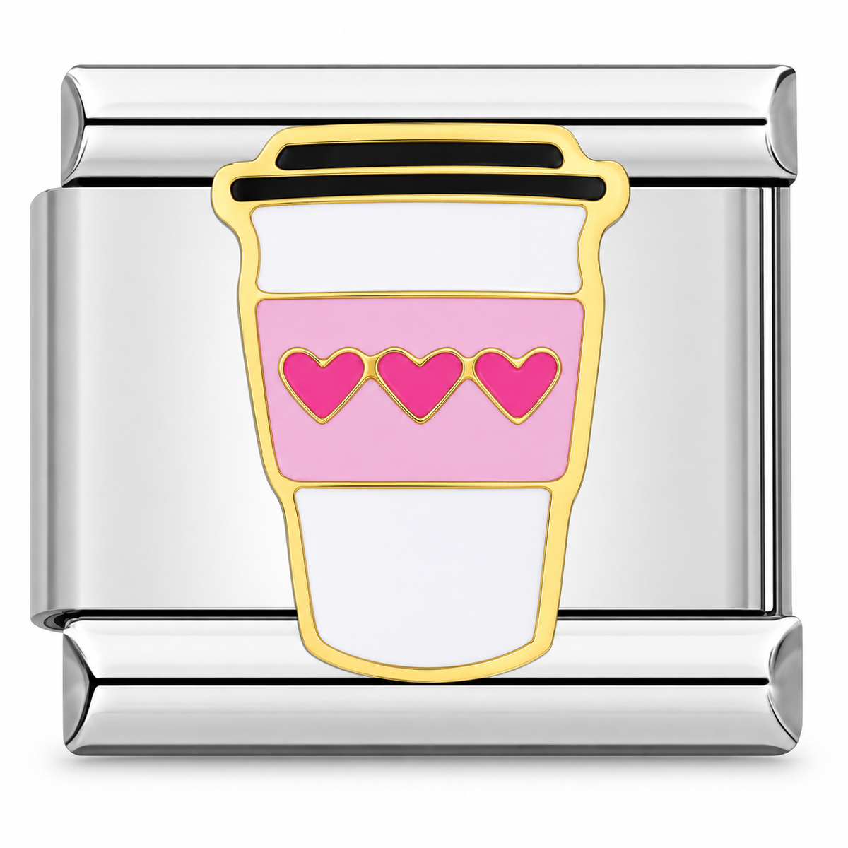 Triple Heart Coffee charm in silver tone, front view on a white background