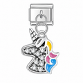 Silver unicorn dangle charm with sparkling face and yellow, pink and blue mane on a white background