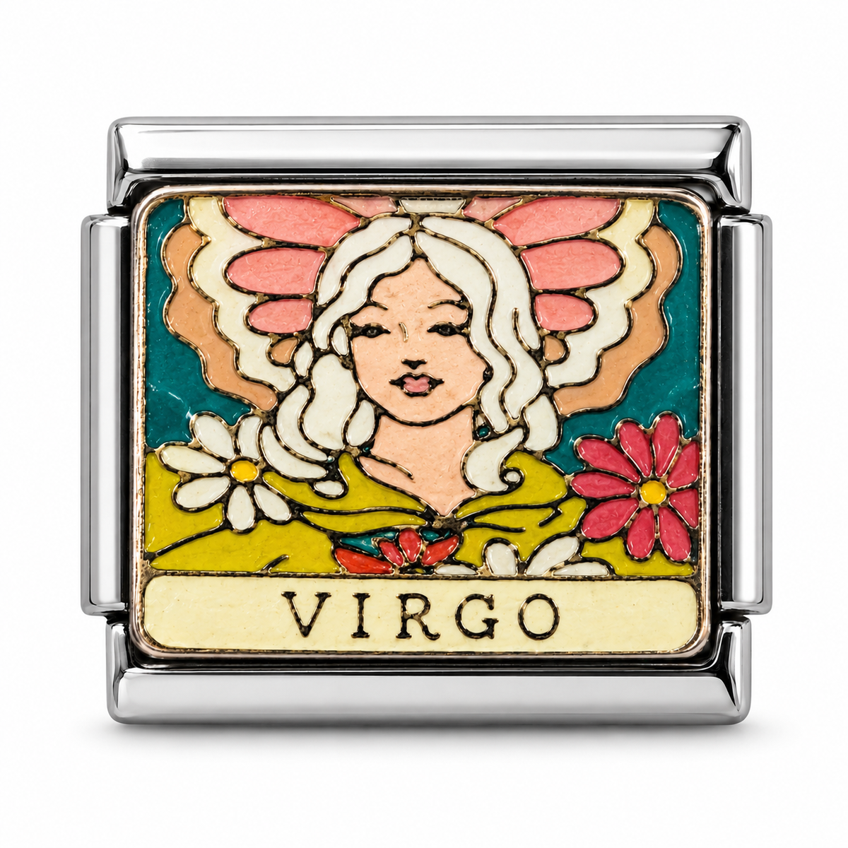 Virgo illustrated zodiac charm on a silver-tone link, white background