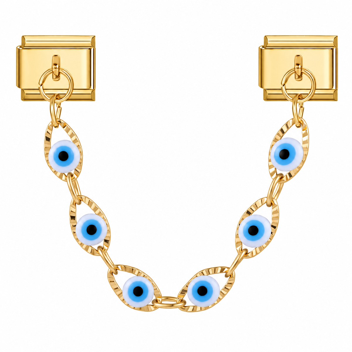 White Evil Eye Chain, complete gold-tone connecting set with two end links and six evil-eye details