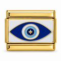 White Evil Eye on a gold-tone Italian charm link, white background