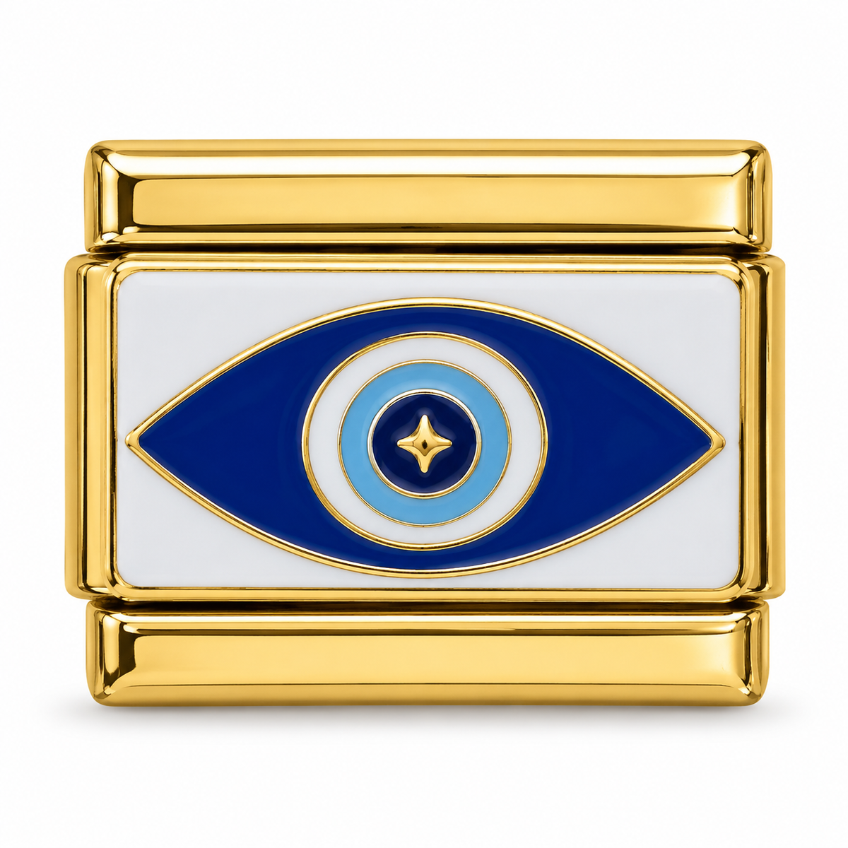 White Evil Eye on a gold-tone Italian charm link, white background
