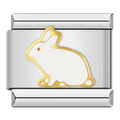 A white rabbit with gold-tone edging on a silver-tone Italian charm link.