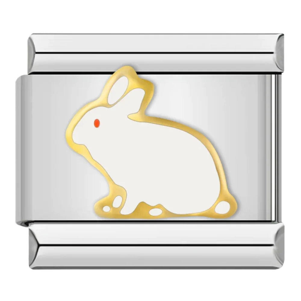 A white rabbit with gold-tone edging on a silver-tone Italian charm link.